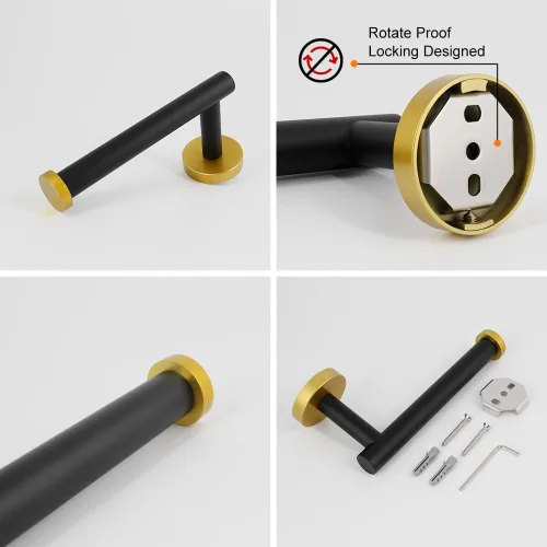 Vista 8 de Juego de accesorios de baño de 3 piezas, color negro y dorado, para montar en la pared, incluye soporte para papel higiénico, 2 ganchos para toallas