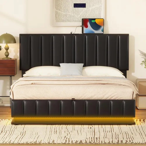 Vista 18 de Cama de plataforma de madera tamaño individual con luz LED integrada, cabecera de almacenamiento y barandilla, dormitorios adecuados para niños