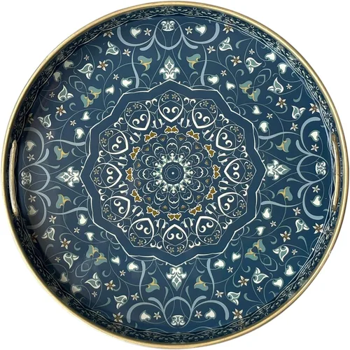 Vista 11 de Bandeja decorativa redonda, plástico mármol con asas, tocador moderno y para servir otomana, mesa auxiliar, cocina y baño, tamaño 13 pulgadas, negro