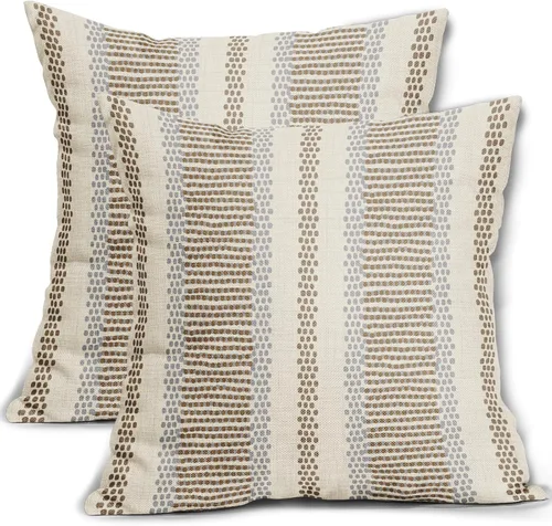 Vista 26 de Juego de 2 fundas de almohada negras y azules con rayas de puntos grises, decorativas para exteriores, estilo boho rústico, para sofá, cama, cojín