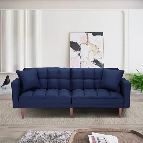Vista 11 de Sofá cama futón convertible, moderno sofá cama plegable tapizado de lino con dos almohadas, sofá cama de 75 pulgadas para sala de estar, dormitorio