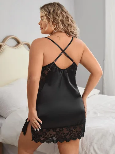 Vista 2 de OYOANGLE Camisón de satén de 2 piezas con ribete de encaje y dobladillo dividido para mujer