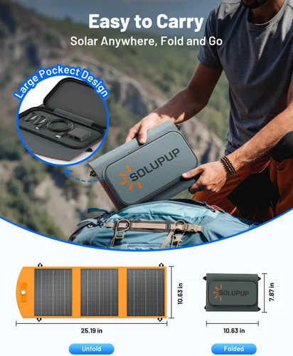 Vista 6 de SOLUPUP Paneles Solares 30W Portátiles Plegables Cargador Solar con USB-A 5V y USB-C de Carga Rápida Compatible con iPhone, iPad, Samsung, Power