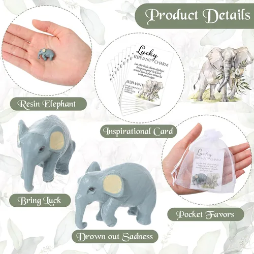 Vista 3 de Lincia 24 juegos de fichas de elefante de buena suerte, 24 figuras de elefante pequeño con tarjetas de significado y bolsas de organza, regalos