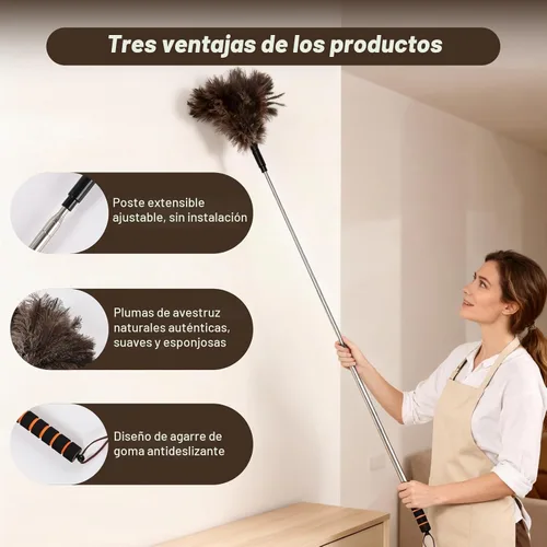 Vista 3 de Plumero extensible de avestruz de 26 a 55 pulgadas, plumero de limpieza natural con agarre de esponja y poste de extensión de acero inoxidable