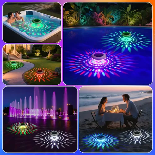 Vista 7 de Luces flotantes para piscina con control remoto, luces solares RGB de 6.5 pulgadas con 9 iluminación dinámica, IP68 impermeable, luz flotante solar