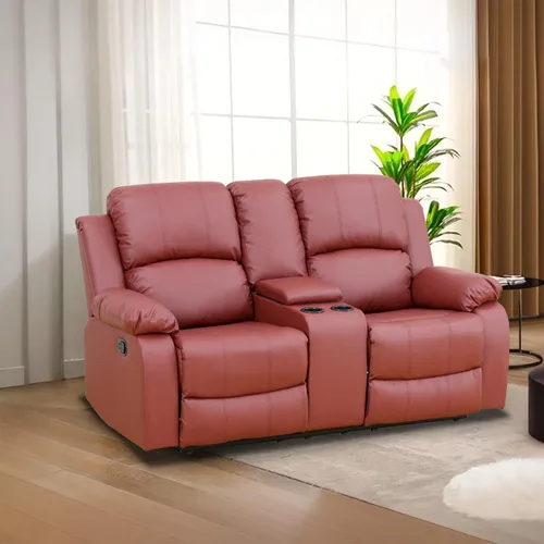 Vista 16 de Juego de Muebles para Sala de Estar, Juego de Sofá Reclinable Manual, Juegos de Sofás Reclinables de Cuero Beige con Mesa Desplegable, Sofá