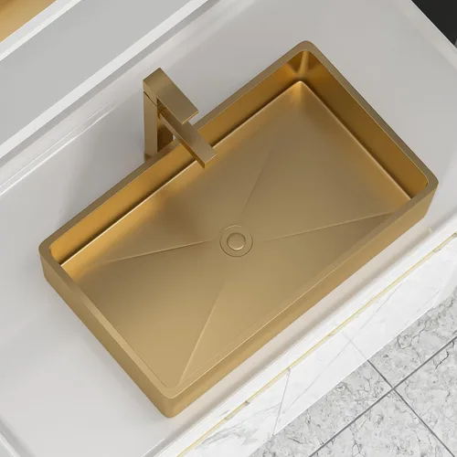 Vista 18 de Fregadero de recipiente blanco redondo - Fulorni 33x33 cm Lavabo de baño de cerámica de porcelana con borde dorado sobre encimera, fregadero