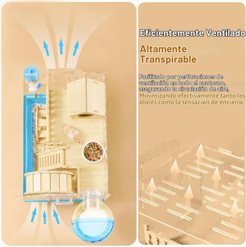 Vista 6 de Cycodo Jaula acrílica 8 en 1, jaula de hámster enano de 2 niveles con rueda y escondite de madera, hábitat de hámster pequeño con accesorios, casa