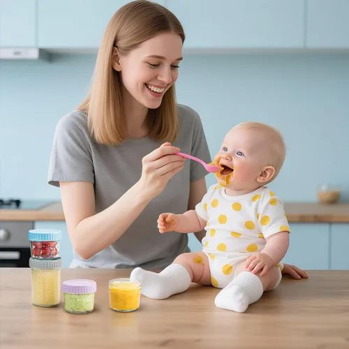 Vista 7 de DRKIO Paquete de 12 recipientes de vidrio para almacenamiento de alimentos para bebés - Frascos de comida para bebés de 4 y 8 onzas con tapas 4 oz