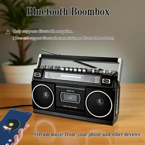 Vista 4 de Boombox portátil estilo retro clásico de los años 80 con reproductor grabador de casete, radio AM/FM/SW1/SW2, Bluetooth, ranuras USB/Micro SD