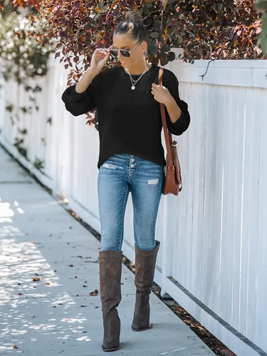 Vista 6 de MEROKEETY - Suéter de punto gofre para otoño para mujer, estilo casual, manga larga tipo globo, holgado, sin botones