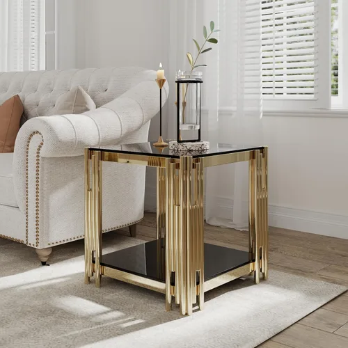 Vista 13 de Mesa de centro rectangular moderna de vidrio con parte superior de cristal templado negro y marco de acero inoxidable para sala de estar