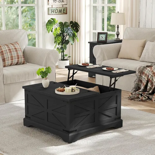 Vista 4 de Furnideco - Mesa de centro de granja con superficie elevable, mesa central cuadrada de madera con gran compartimento de almacenamiento oculto