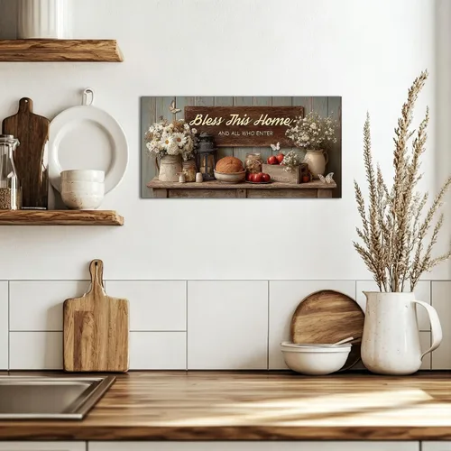 Vista 8 de TIMUBA Decoración de pared de cocina de granja, arte de pared de cocina con texto en inglés "Bless This Home and All Who Enter Kitchen Blessing