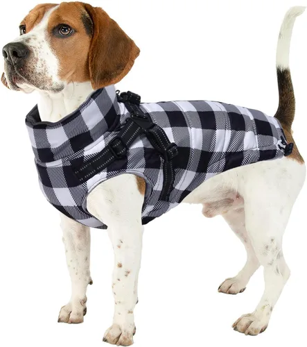 Vista 8 de Chaqueta de invierno para perro, abrigo impermeable para perro con arnés integrado, chaleco para cachorros, ropa para mascotas pequeñas con forro