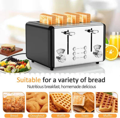 Vista 4 de whall 4 Slice Touch Screen Toaster, Stainless Steel Toasters Digital Timer, Dual Control Panel Toasters，6 Shade Settings＆6 Bread Types, Smart Wide