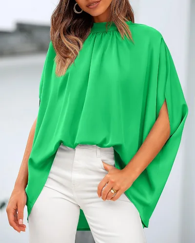 Vista 48 de BTFBM Blusas de verano para mujer, cuello alto falso, manga murciélago, holgadas, dobladillo alto y bajo, blusas informales de gran