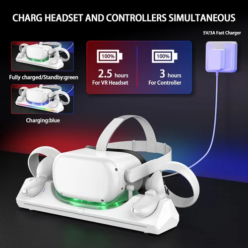 Vista 3 de WIOR Base de carga compatible con accesorios Oculus Quest 2, soporte de carga para auriculares VR, estación de carga magnética para Meta Quest 2