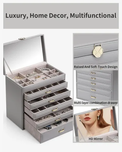 Vista 3 de Vlando Joyero grande, organizador de joyas con 5 cajones, cajas de joyería de cuero sintético para mujeres, anillos, pulseras, aretes, collares