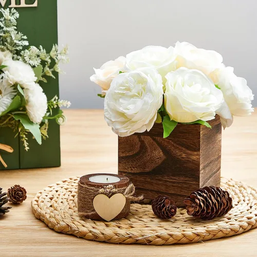 Vista 4 de Dandat Juego de 12 Macetas Cúbicas de Madera, Maceta Cuadrada de Madera Estilo Rústico con Forro de Plástico Desmontable, Bloques de Espuma Floral