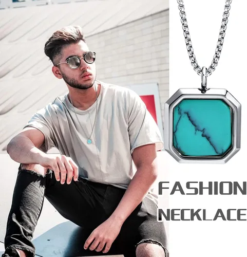 Vista 2 de MEALGUET Collar de acero inoxidable para hombre Colgante cuadrado de piedra natural con piedra de ojo de tigre y ágata minimalista geométrico