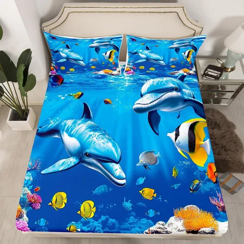 Vista 18 de Sábana bajera ajustable de tamaño individual para niños, diseño de animales marinos náuticos, juego de ropa de cama coral bajo el mar, juego de ropa