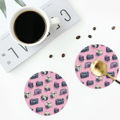 Vista 4 de Retro Camera Pink Print Coasters Set of 4, Drink Coasters for Tabletop Protection Suitable for Kinds of Cups, Funny Cup Coaster for Coffee Table