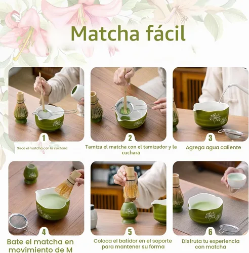 Vista 7 de Buucup Juego de matcha, 5 piezas de aguacate verde matcha con cuenco en forma de corazón con boquilla, batidor de bambú, cuchara, tamiz y soporte