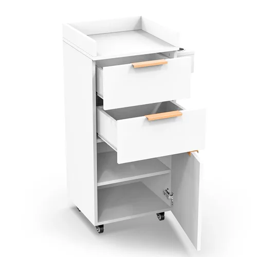 Vista 10 de OmySalon Carrito de salón con ruedas, 2 cajones y 1 armario de almacenamiento, carrito de salón para estilista, estación de peinado portátil