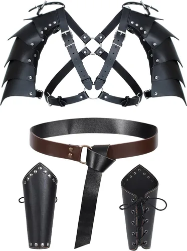 Vista 10 de Cinturón de cuero de caballero medieval para hombre, chal renacentista, capa de medio hombro, bufanda, brazaletes con hebilla, accesorios retro