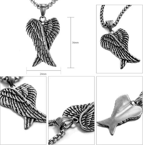 Vista 3 de Herinos Cadena de collar con colgante de acero inoxidable para hombres y mujeres, diseño de alas retro con diseño de calavera de plumas cruzadas