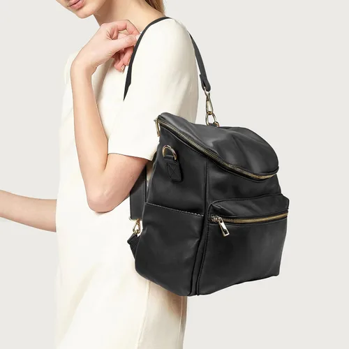 Vista 4 de Mochila para pañales, mochilas de cuero de moda para mamá, bolsas de pañales para bebés pequeños con organizador en bolsa y cambiador, Negro, M