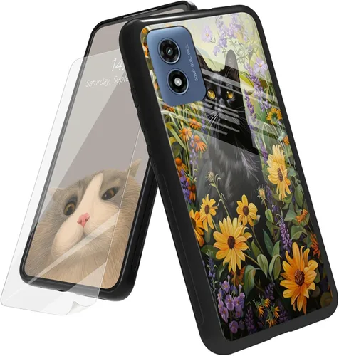 Vista 118 de Funda para Motorola Moto G Play 4G 2024 con protector de pantalla, parte trasera de vidrio templado + funda de silicona suave TPU absorción