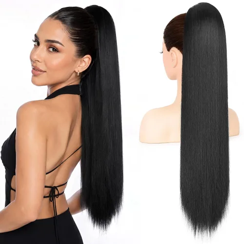 Vista 25 de Extension de cola de caballo con cordón de 26 pulgadas para mujer, extensiones de cola de caballo largas y onduladas, extensiones de cabello Rubio