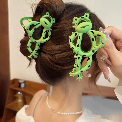Vista 6 de Paquete de 2 pinzas de metal grandes para cabello grueso y fino, pasadores antideslizantes de sujeción fuerte, bonito diseño de rana verde