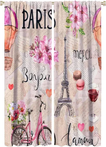 Vista 30 de Cortinas de la Torre Eiffel de París, pintura al óleo, flores moradas, torres de ciudad, con bolsillo para barra, cortinas de ventana