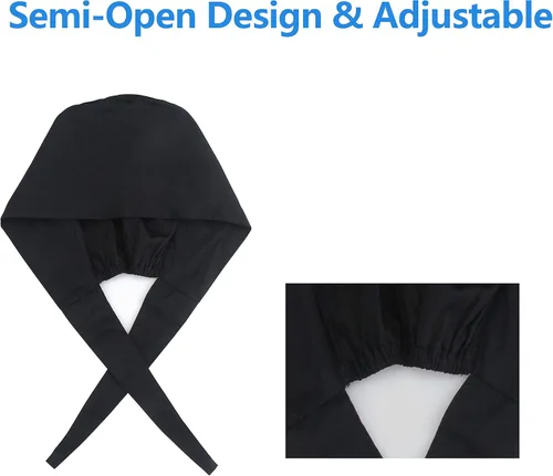 Vista 6 de QBA - Gorro de trabajo ajustable con botón, banda de algodón absorbente de sudor, con tiras elásticas para amarrar por atrás, unisex, talla única