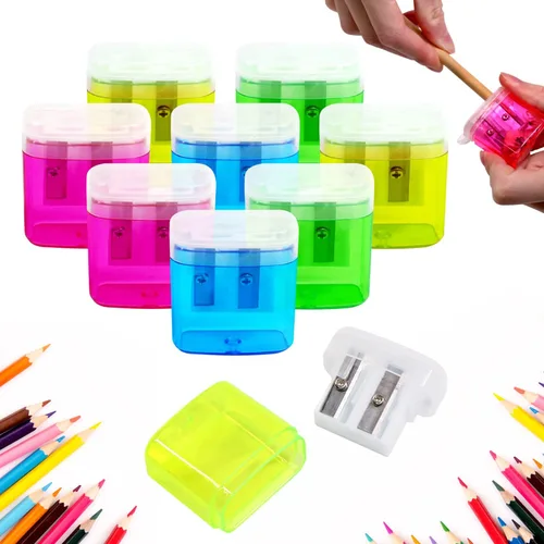 Vista 10 de ForTomorrow Sacapuntas manuales para niños, paquete de 8 sacapuntas pequeños de mano de doble agujero con tapa para escuela, aula, oficina en casa
