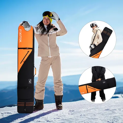 Vista 7 de FIXITOK Bolsa de snowboard y esquí para viajes aéreos, bolsa de snowboard acolchada completa impermeable que se ajusta a tabla, botas, ropa, casco