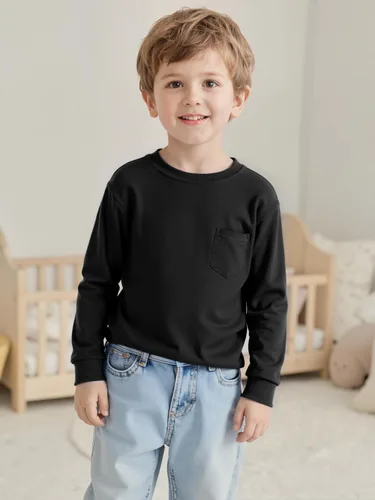 Vista 3 de Cooraby Paquete de 4 camisas de manga larga para niños pequeños con bolsillo, cuello redondo, camiseta de algodón de manga larga Crewneck Thermal