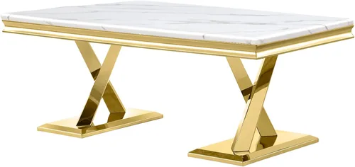 Vista 9 de ACEDÉCOR Mesa de centro dorada, mesa central de lujo para sala de estar con mesa blanca y base en X pulida dorada, mesa de té rectangular para sala