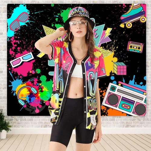 Vista 5 de Traje de los años 80 y 90 para mujer, disfraz unisex de hip hop, camiseta de béisbol, pantalones de yoga, sombrero de pescador, cadena dorada