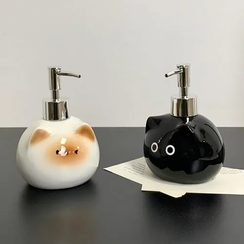 Vista 6 de Dispensador de jabón de cerámica para gatos con bomba de acero inoxidable, perfecto para jabón de platos, jabón líquido, dispensador de jabón