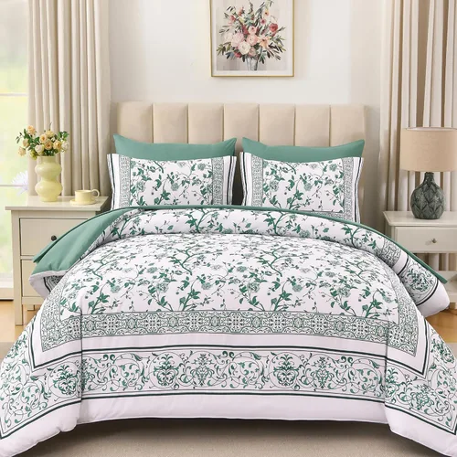 Vista 15 de Dobuyly Juego de edredón floral tamaño Queen, 7 piezas de cama en una bolsa, tamaño Queen, juego de ropa de cama botánico de flores aguamarina sobre