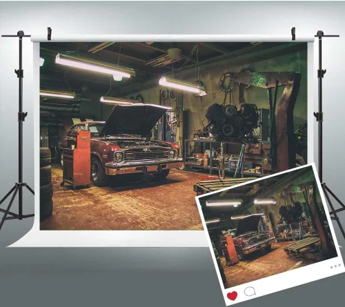 Vista 9 de Fondos de garaje antiguos para fotografía de 5 x 3 pies, fondos de reparación de automóviles temáticos para fiesta de fotos y accesorios de estudio