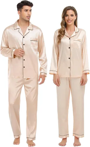 Vista 2 de SWOMOG Conjunto de pijama a juego para parejas, de satén de seda, con botones, ropa de dormir de manga larga, 2 piezas