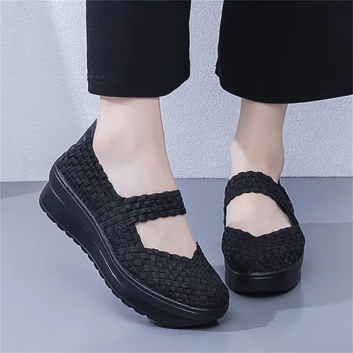 Vista 2 de EnllerviiD - Sandalias de cuña Mary Jane para mujer, zapatos de plataforma con bombas elásticas, cómodos para el trabajo y uso casual 669negro