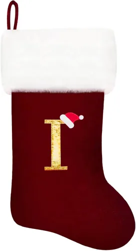 Vista 53 de Calcetines de Navidad bordados de 20 pulgadas con monograma, terciopelo negro con puño de felpa blanca supersuave, adornos clásicos para decoración