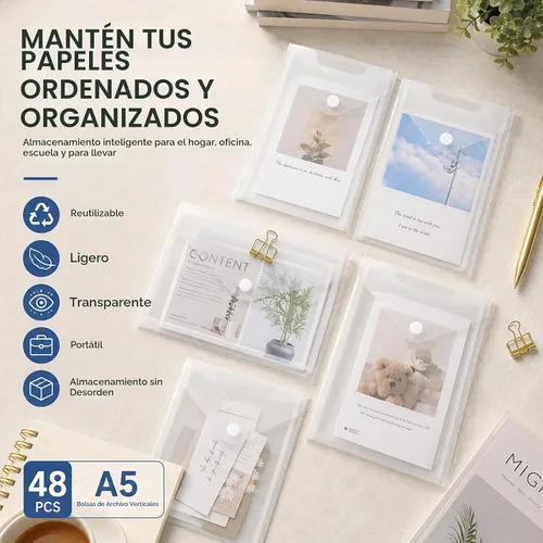 Vista 7 de CYEAH 48 Pack Plastic Envelopes, 7 X 10" Clear Reusable Waterproof File Folder with Snap Button, A5 Clear Envelopes for School and Office Supplies
